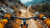 Fototapeta  - Mountain biker navigating a challenging trail, with dirt and rocks flying, capturing the thrill of the ride.