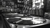 Fototapeta  - Close-up of vinyl records, turntables, and vintage music memorabilia in a retro record store, black and white.