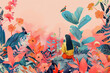 background with flowers and illustrative portrait with a women, trendy illustration style with vibrant colors