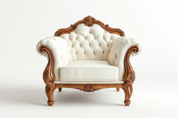 Sticker - A full-body, front, and close-up view of a vintage-inspired armchair in white with wooden details. Integrate classic design elements and ornate features.