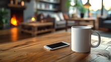 A white coffee mug mock up on a wooden table with a smart phone laying beside it. 