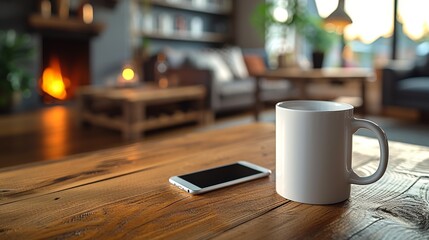 A white coffee mug mock up on a wooden table with a smart phone laying beside it. 