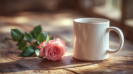 Wall Mural - A white coffee mug on a wooden table, mock up, with a pink rose. 