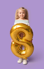 Wall Mural - Cute little girl with golden air balloon in shape of figure 8 on lilac background. International Women's Day