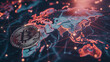 Bitcoin on Global Map With Digital Connections