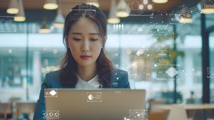 Futuristic businesswoman analyzing data holograms. I-powered corporate strategist amidst digital networks.