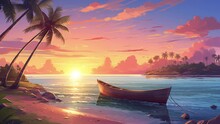 Animated Illustration Of A Lifeboat And Sunset On The Beach In The Afternoon. Cartoon Or Digital Painting Style Illustration. 4k Loop Animation Background.