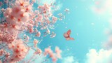 Fototapeta Kwiaty - pring banner, branches of blossoming cherry against background of blue sky and butterflies on nature outdoors. Pink sakura flowers, dreamy romantic image spring, landscape panorama, copy space.