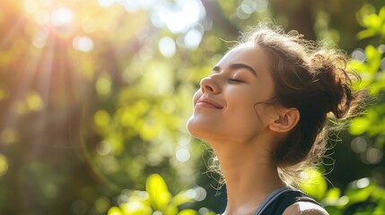 Profile portrait of happy sporty woman relaxing in park. Female model breathing fresh air outdoors. Healthy active concept. Horizontal photo banner for website header design with copy space for text