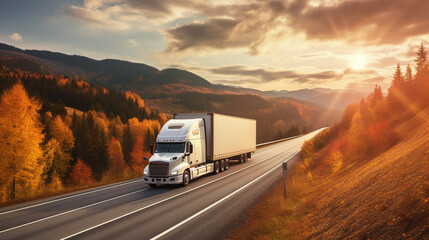 White truck driving on winding highway through woodland landscape in autumn colors at sunset