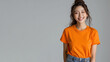 Japanese woman wear orange casual t-shirt smile isolated