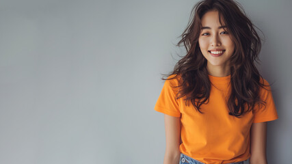 Wall Mural - Korean woman wear orange casual t-shirt smile isolated