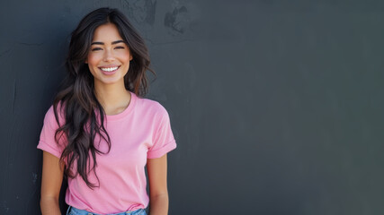 Wall Mural - Hispanic woman wear pink casual t-shirt smile isolated