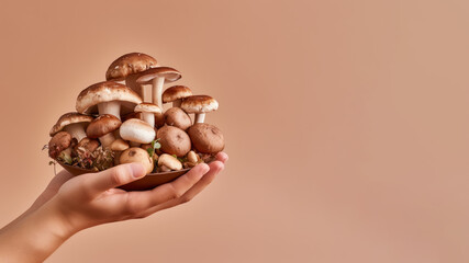 Wall Mural - Hand holding mushroom vegetable isolated on pastel background