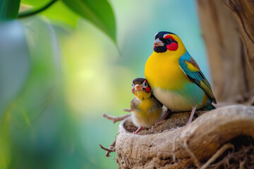 Wall Mural - a gouldian finch with her cub, mother love and care in wildlife scene