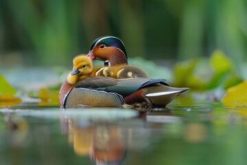Wall Mural - a mandarin duck with her cub, mother love and care in wildlife scene