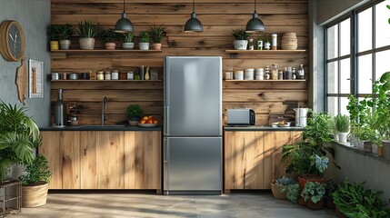 Kitchen interior. Wall mockup in kitchen interior background, Farmhouse style. Decor concept. Real estate concept. Art concept. Kitchen concept. Stylist concept. 3d render concept.