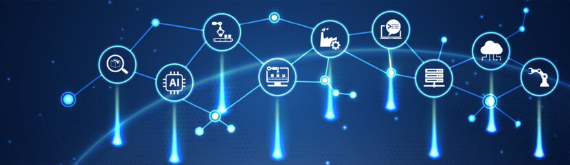 Smart Industry 4.0 concept. Factory automation. Autonomous industrial technology. Industrial revolutions steps. Vector illustration.