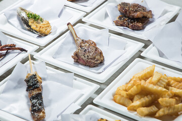 Sticker - Grilled meat on skewers with french fries on a white plate