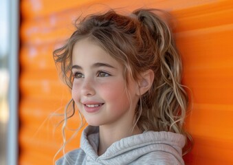 little caucasian girl with colorful sweatshirt in professional colorful photo studio background