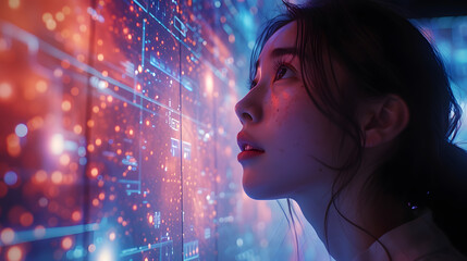 Asian woman in Technology and AI Revolutionizing Digital Innovation Worldwide. Female Engineer Navigating the artificial intelligence Landscape of Explore the Future, Tomorrow, and Futuristic Concept.