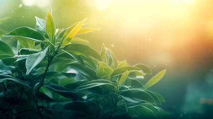 Wall Mural - Green leaves illuminated by the morning sun - spring summer nature.