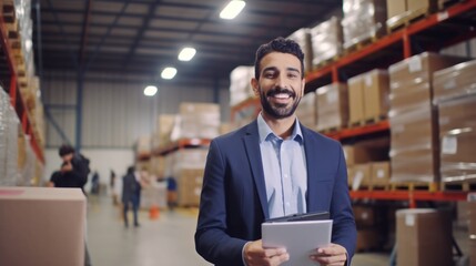 Portrait of a happy confident male warehouse manager with a clipboard standing in a distribution warehouse with his management expertise in logistic and supply chain.