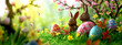 Easter composition with chocolate bunny and colorful Easter eggsEaster composition with chocolate bunny and colorful Easter eggs