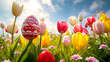 Easter eggs with tulips on green grass on a sunny day