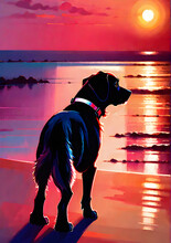A Dog Looking At The Sunset Sea.
Generative AI