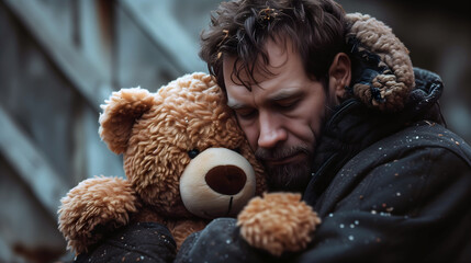 Bearded man embracing a teddy bear outside in winter