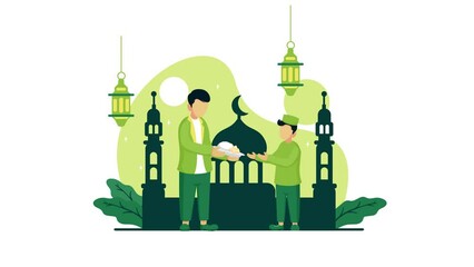 Wall Mural - Animated man giving food to young boy. Ramadan kareem activities Suitable for ramadan activity,
moslem education, banner and poster.