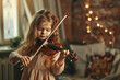 a little girl playing violin in her room