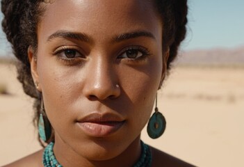 indigenous black woman in the heart of a sandy desert, her eyes locked with the camera