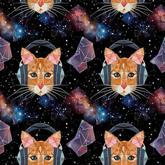 Wall Mural - DJ Cat with headset, cats with headphones cartoon pop art repeat pattern, funky line art abstract modern repetitive space psychedelic trippy