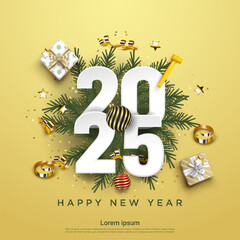 Wall Mural - Happy New Year 2025. festive realistic decoration. Celebrate party 2025 on square background