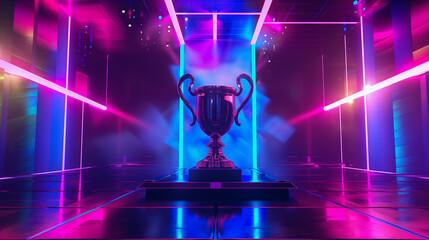 neon-lit esports arena with a shining trophy center stage. cyber gaming tournament hall with a champ