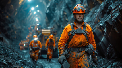 A team of miners equipped with helmets light their way through a dimly lit underground mining tunnel.