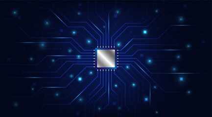 Aufkleber - Futuristic microchip processor with lights on the blue background. Central Computer Processors CPU concept, Technology abstract background. Vector and Illustration of motherboard circuit with CPU.