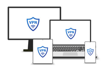 Leinwandbilder - Virtual private network. Data security and Secure VPN connection concept. VPN symbol on the screen of a laptop, PC, smartphone, and tablet. Vector illustration isolated on white background.