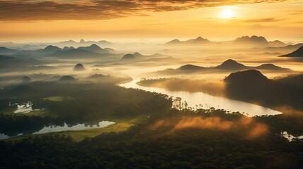 Aerial panoramic view of hazy sunset over lush primary forest in Halmahera Indonesia