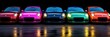 A row of rainbow-colored cars, each a different shape and size, Front view, backlight photography