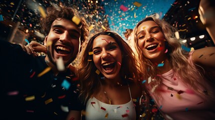 Party fun. Group of beautiful young people throwing colorful confetti and looking happy