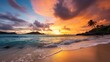A tropical beach with colorful sunset hues