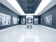 © tete_escape - Blurred perspective photo scene of art exhibition at gallery or museum with paintings or artist works, room decoration. Abstract blur background of dark grey hallway and white floor in the building.