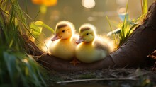 Three Little Ducklings In A Nest, Outdoors Image In The Park, Springtime