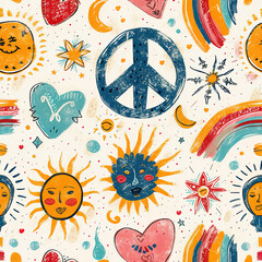 Wall Mural - Hippie peace and love colorful cartoon doodles 1970s 1960s 60s groovy rainbow psychedelic cute abstract repeat pattern