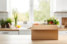 Background image of cardboard box with food standing on wooden table in white kitchen interior, 