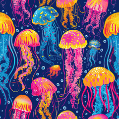 Jellyfish colorful cartoon underwater repeat pattern artsy pop art, medusa repetitive