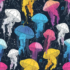 Jellyfish colorful cartoon underwater repeat pattern artsy pop art, medusa repetitive